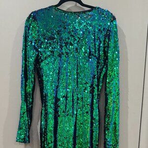 Green and Blue Sequin Floor Length Mermaid Style Gown